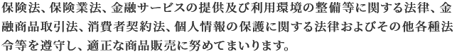 保険法、保険業法、金融サービスの提供及び利用環境の整備等に関する法律、金融商品取引法、消費者契約法、個人情報の保護に関する法律およびその他各種法令等を遵守し、適正な商品販売に努めてまいります。